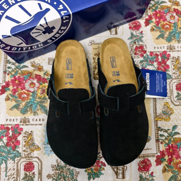 👑POSH NWT Women's Black Suede Birkenstock Boston Shoes - Narrow Fit - Picture 1 of 5